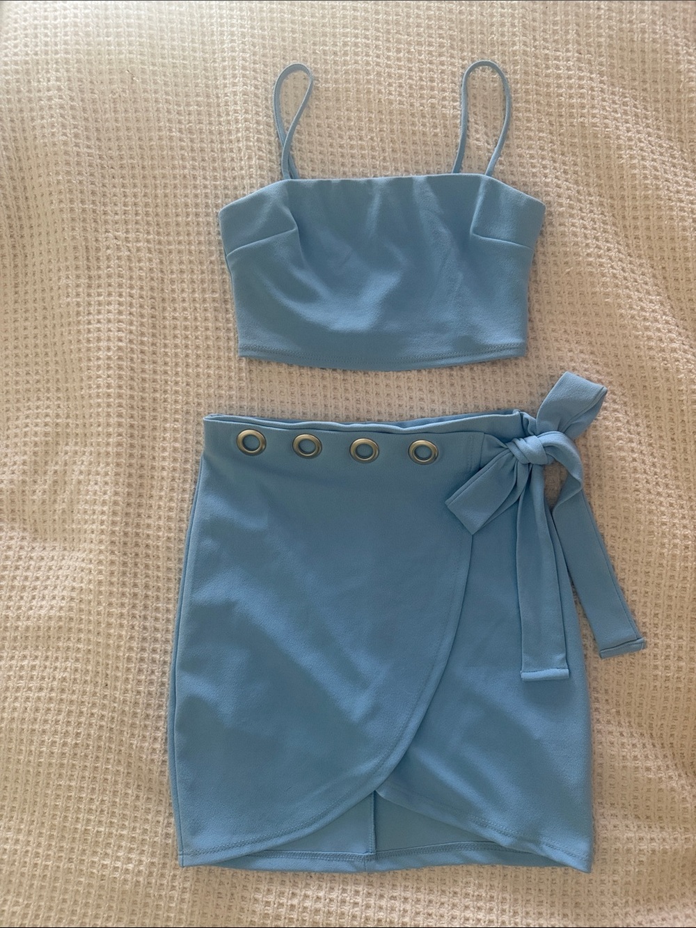Blue Blush Light Blue Wrap Mini Skirt with Grommet Tie